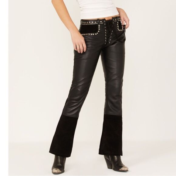 understated leather Pants - Understated Leather Women's Wild Cats Mid Rise Leather Flare Pants black XL